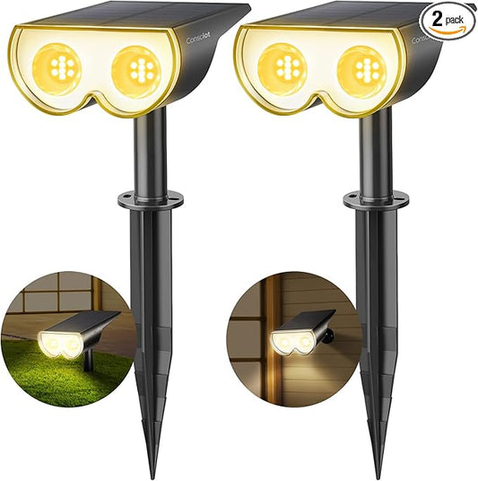 Solar Spot Lights Outdoor, Consciot 16 LEDs IP67 Waterproof Solar Outdoor Lights, Auto On/Off Solar Landscape Spotlights, 2-in-1 Adjustable Wall Lights for Garden Yard Pathway, 2 Pack (Warm White)