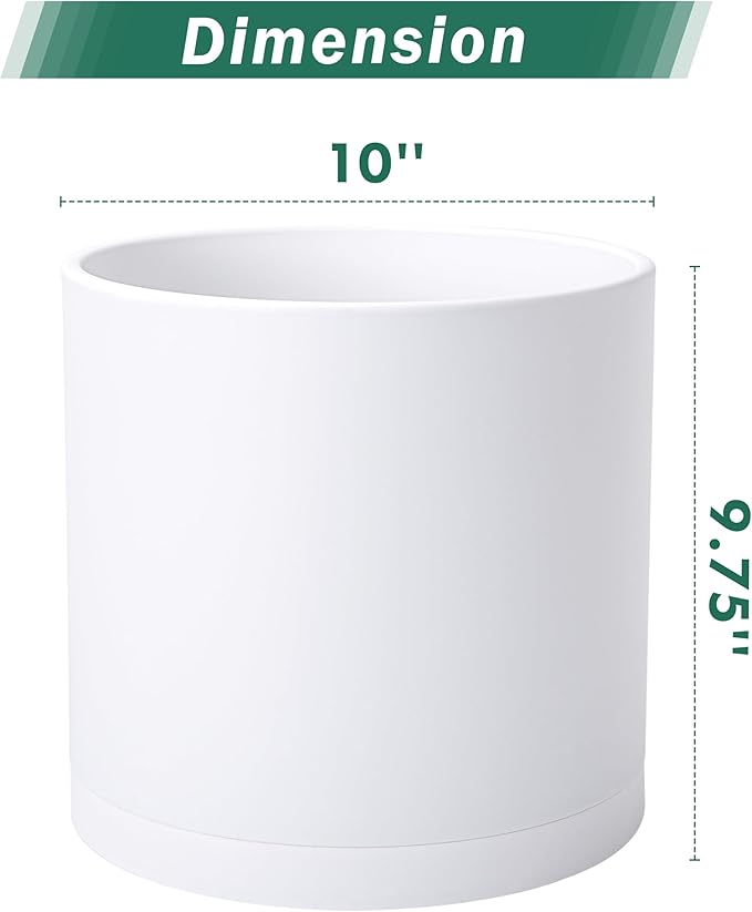 D'vine Dev 2 Pack 10 Inch Modern Plastic Plant Pots, Small Garden Planters for Plant with Drainage Holes and Saucers, White Color, 74-Z-N-1