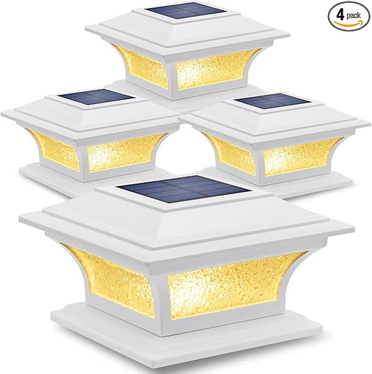 SIEDiNLAR Solar Post Lights Outdoor Glass LED Fence Cap Light 2 Modes for 4x4 5x5 6x6 Posts Deck Patio Garden Decoration Warm White/Cool White Lighting White (4 Pack)