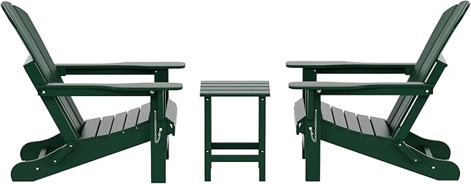 WO Home Furniture Adirondack Chairs Table Set of 3 PCS Outdoor Folding Chairs Side End Table Weather/UV Resistant for Lawn, Garden, Bon Fire, Balcony (Dark Green)