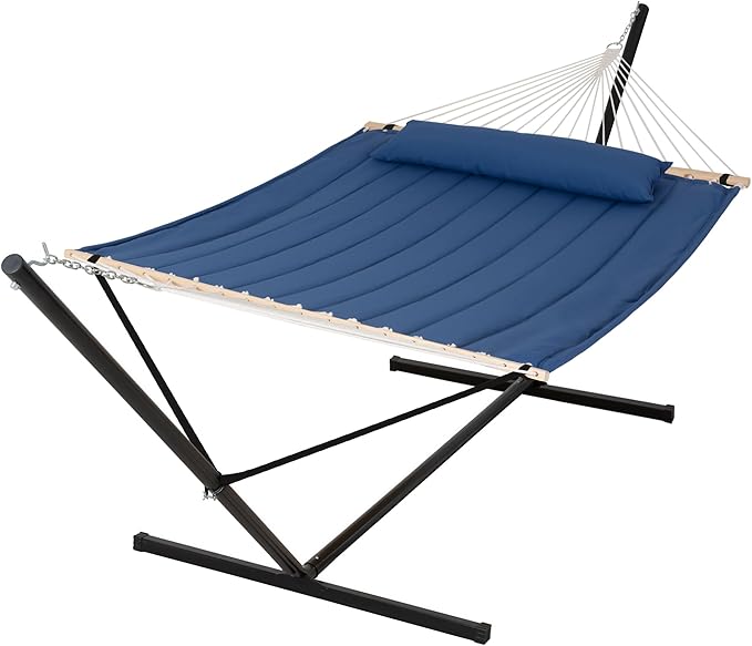 SUNCREAT 2 Person Free Standing Hammock with 15 ft Stand, 475 lbs Capacity, Backyard Hammock with Stand, Navy