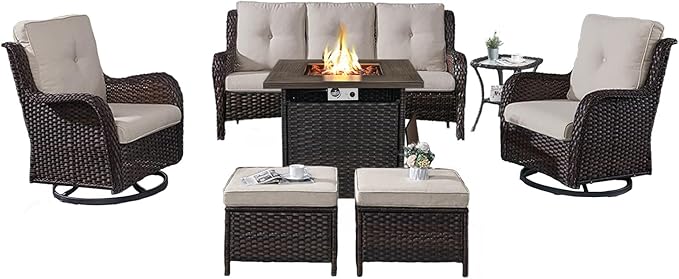 Outdoor Patio Furniture Set with Propane Fire Pit Table, 7 Pieces Wicker Patio Conversation Set with 2 Swivel Glider Rocker Chair Rattan Sofa Beige Cushion Perfect for Casual Gathering