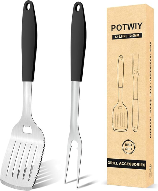 Grill Tools BBQ Accessories Set of 2, 15.8'' Heavy Duty Stainless Steel Grill Utensils with Grill Spatula and Fork, Full Tang Silicone Handle, Outdoor Grilling Tools Barbecue Accessories