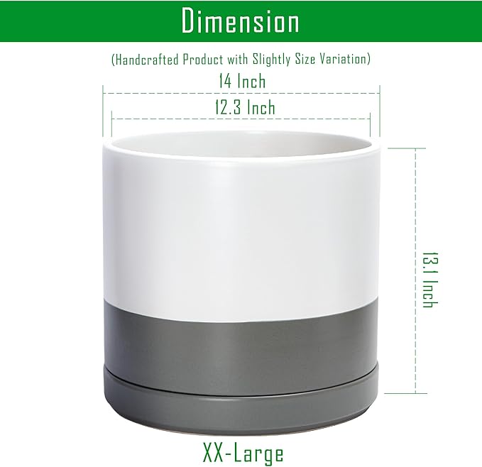 D'vine Dev 14 Inch Ceramic Planter Pot with Drainage Hole and Saucer, Indoor Cylinder Round Planter Pot, White/Speckled Grey, 94-O-G-6
