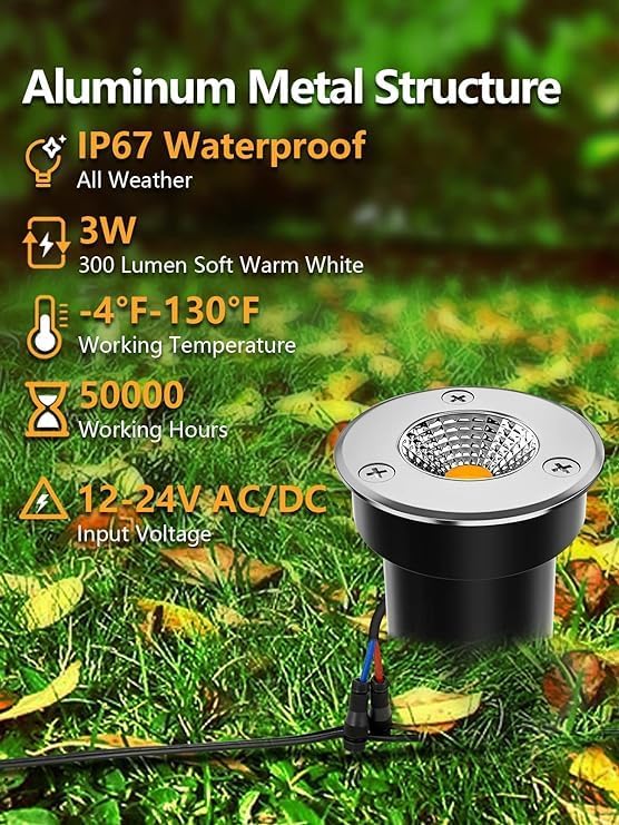 ZUCKEO 4Pack Low Voltage Landscape Lights 3W LED Outdoor Well Lights 12V 24V In Ground Spotlights with Connectors for Indoor Outdoor Step Deck Yard Garden Patio,Warm White
