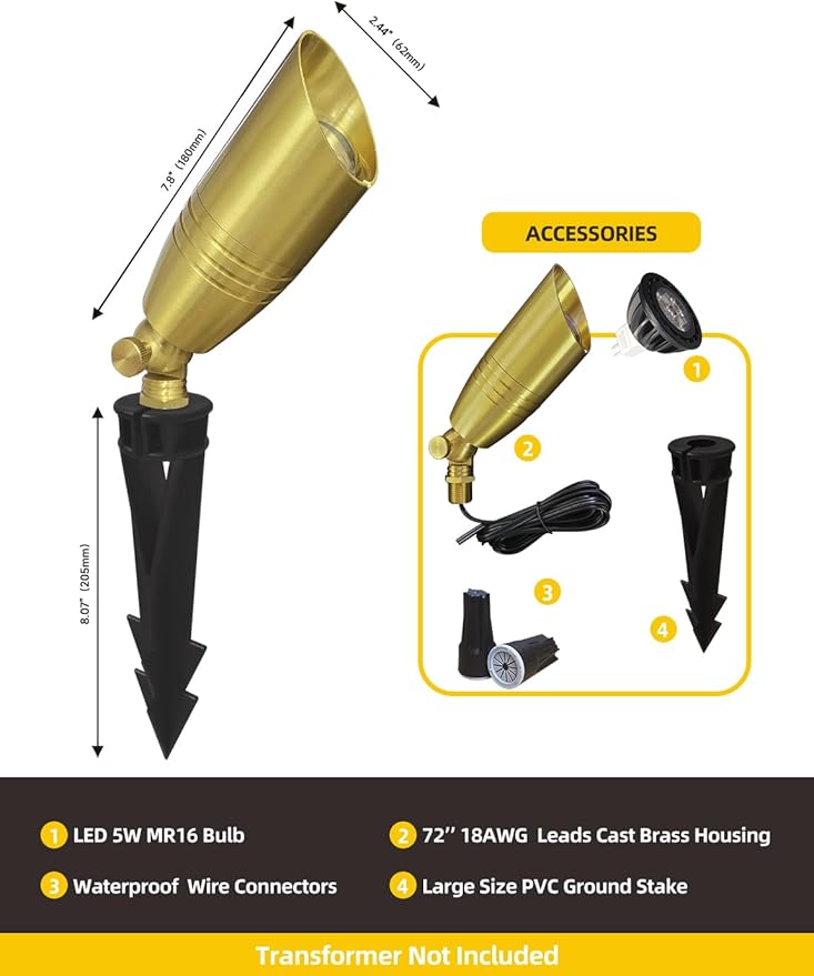 COLOER Die-cast Brass Landscape Spotlight 12-Pack with 5W Aluminum Housing LED MR16 Bulb,12V AC/DC Low Voltage Copper Outdoor Lighting, Directional Garden Patio Spot Up Light (102B Brass Finish)