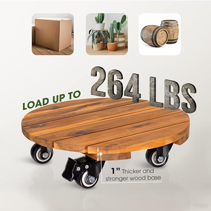 Idzo 2pack Wood Plant Caddy With Wheels Heavy Duty, 264 Lbs Capacity, 12 Inch Acacia Hardwood Plant Dolly, Plant Stand with 360° Lockable Wheels, Plant Caster for Heavy Objects Hauling - Natural Wood