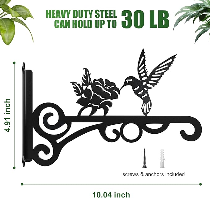 2-Pack 10 Inch Aesthetic Plant Hangers Outdoor – Metal Hanging Plant Bracket with Beautiful Hummingbird Pattern – Heavy Duty Plant Hooks for Hanging Plants, Bird Feeder, Wind Chime, Lantern