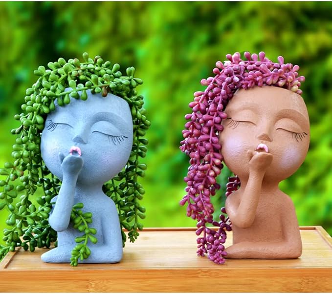 Face Planter, Head Planter, Women Faces Flower Pots, Plant Pots, Small Kissing Succulent Pots for Indoor Outdoor Plants, Cute Vase Home Decor, Brown