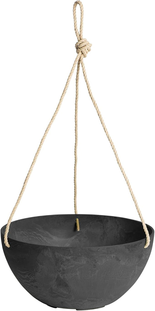 Root & Vessel Self Watering Hanging Planter for Indoor or Outdoor Plants, Unique Marbled Hanging Basket Made of Eco-Friendly Blend of Stone & Plastic, Black, 10"