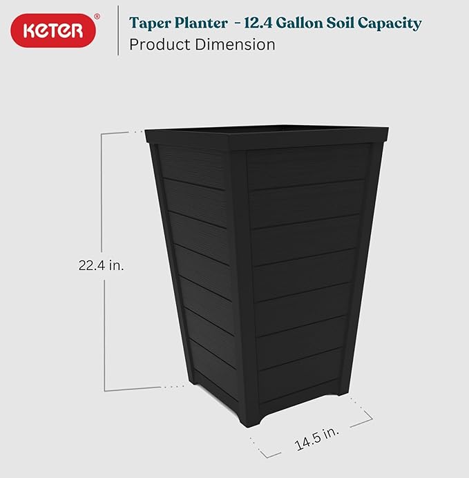 Keter Set of 2 Resin Modern Outdoor 22 Inch Tall Large Flower Pots, Tapered Wood Look Planters for Outdoor Plants and Front Porch Decor, Graphite