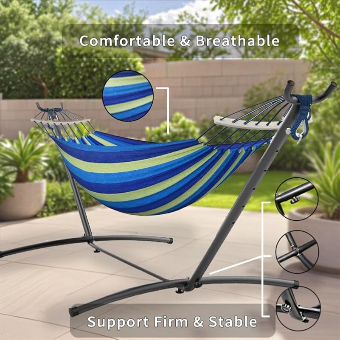 Double Hammock with Stand, 2 Person Hammock with Carrying Bag,Heavy Duty Portable,500 lb Capacity, Perfect for Both Indoors and Outdoors，Ocean Breeze