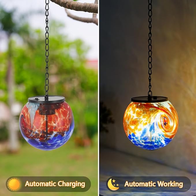 Hanging Solar Lanterns Outdoor Waterproof, Hanging Glaze Glass Solar Lantern, Gazing Ball Lantern Waterproof Decor for Yard Garden Patio