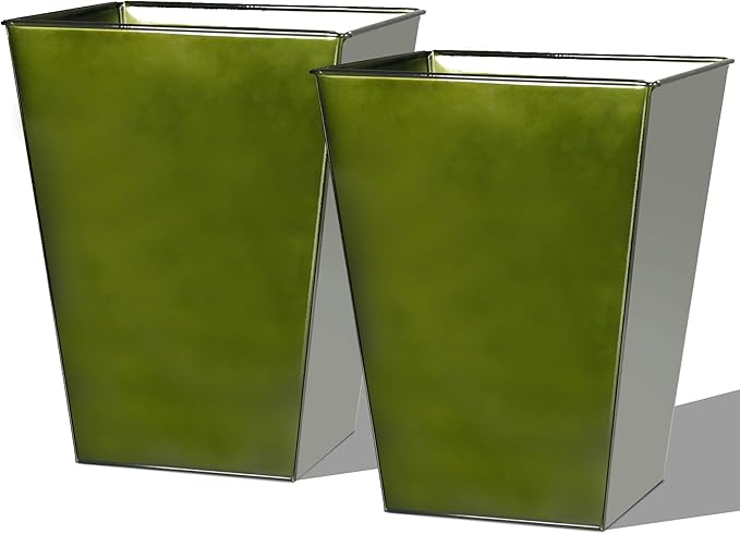Worth Garden Large Metal Glazed Floor Planter Set of 2-14" Dia x 18" H - Luxurious Glossy Finish Green Tall Square Tapered Steel Plant Pots, Decor Flower Pot Indoor & Outdoor, Drainage Hole