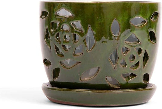 rePotme 5 inch Floral Cutout Ceramic Orchid Pot (Emerald Green) - Includes 5 inch Slotted Pot Liner