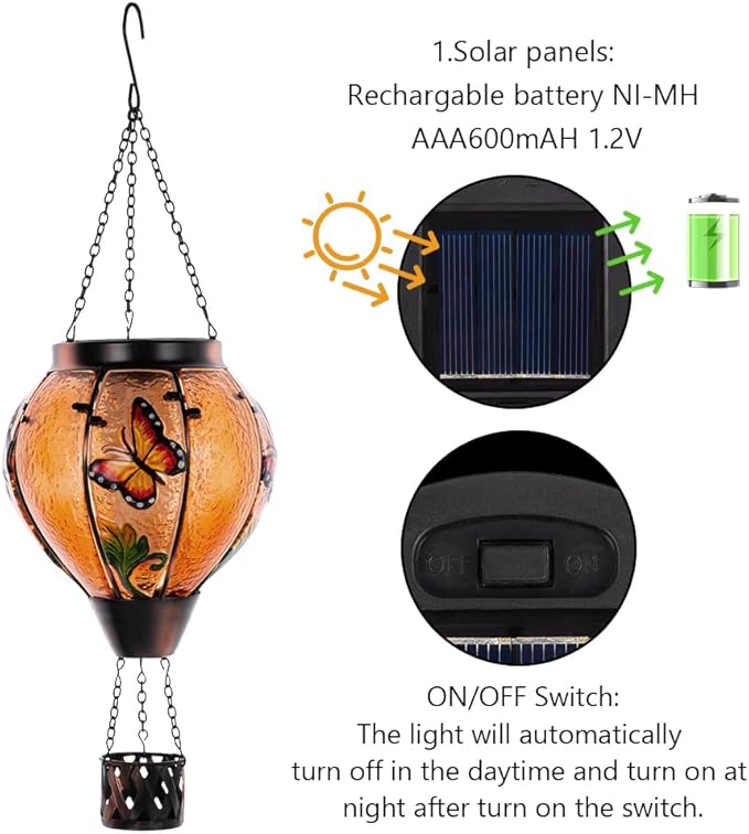 Starsoul Butterfly Hot Air Balloon Solar Lantern with Flickering Flame Light Glass Solar Powered Hot Air Balloon Lamp Waterproof Hanging Outdoor Solar Lantern for Yard Porch Backyard Decor