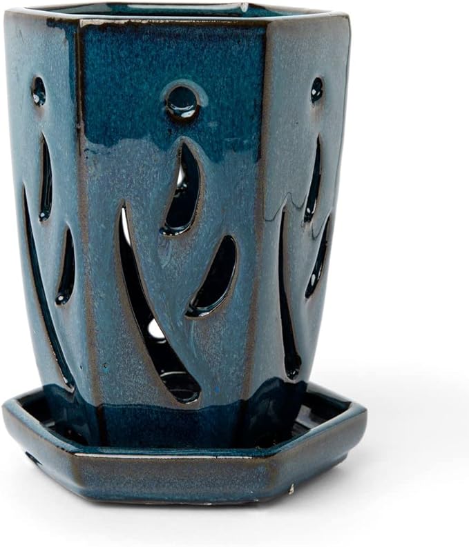 rePotme Orchid Pot, 4 x 6 inch Hexagon Ceramic Orchid Pot with Holes and Matching Saucer (Teal Jade)