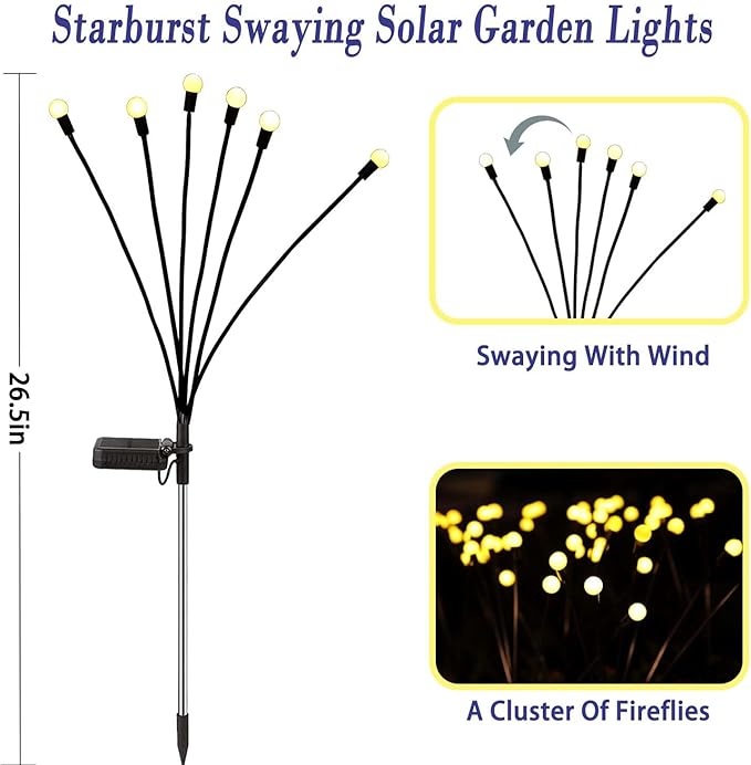 Solar Garden Lights Outdoor, 8 Pack Solar Firefly Lights, Starburst Swaying Lights, Waterproof Garden Decor for Yard Patio Pathway Lawn, Gardening Gifts for Women, White, 8pack6touYBD
