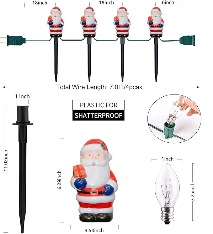 Goothy 2 Sets Santa Christmas Pathway Stakes Lights, 7Ft C7 Outdoor String With 8 Santa Claus Driveway Marker, Connectable Decorations for Yard Garden Walkway