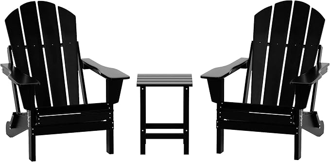 WO Home Furniture Adirondack Chairs Table Set of 3 PCS Outdoor Folding Chairs Side End Table Weather/UV Resistant for Lawn, Garden, Bon Fire, Balcony (Black)