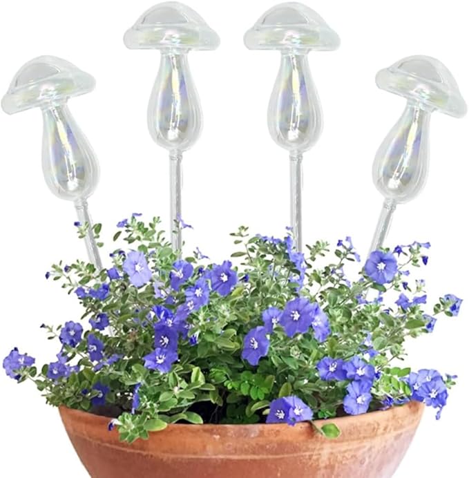 Evelots Plant Self Watering Glass Globes, Iridescent Mushroom Shaped Bulbs (4 Pack) Automatic Water Irrigation System for Plants with Funnel, Indoor & Outdoor Use -Extra Long 9 Inches