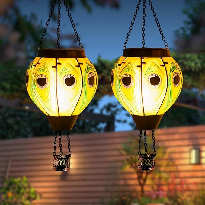 Starsoul 2 PC Peacock Hot Air Balloon Solar Lantern with Flame Glass Outdoor Hanging Hot Air Balloon Solar Light Waterproof Garden Patio Yard Party Decorations