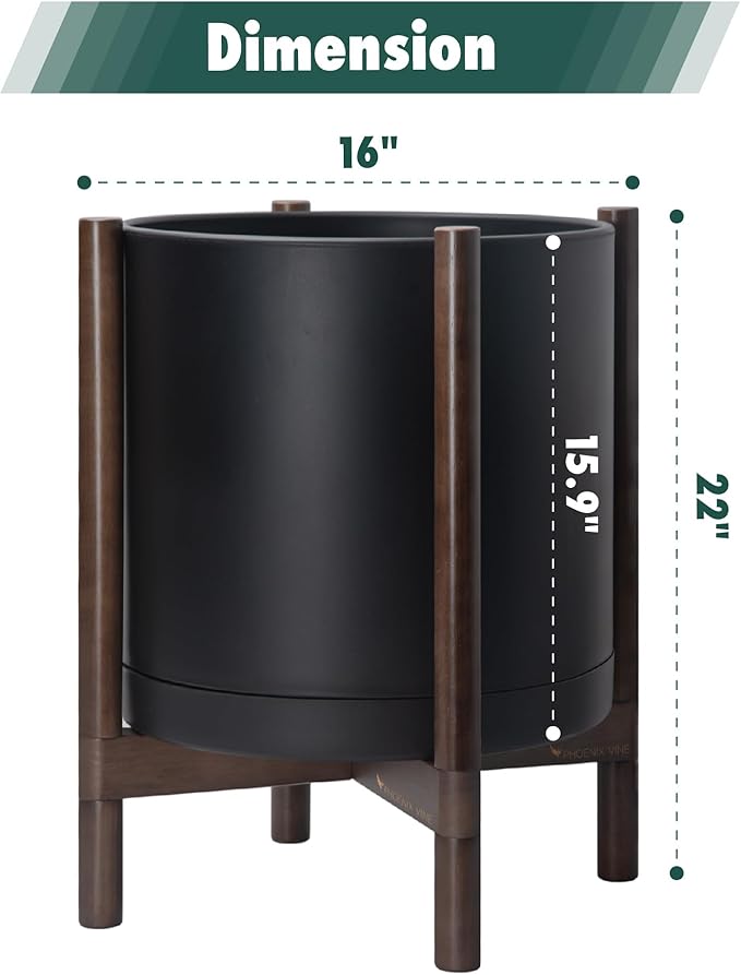 D'vine Dev Planter Pot with Stand - 16 Inch Plastic Cylinder Flower Pot with Wood Planter Holder for Indoor, Matte Black Pot + Walnut Color Stand, 55-C-X-2