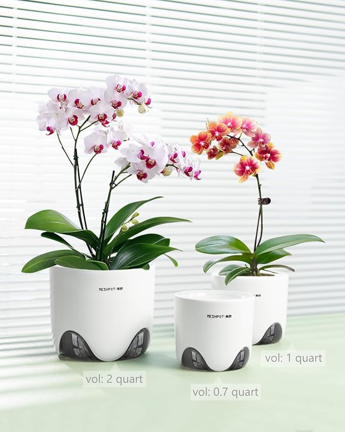 5 inch Orchid Pots with Holes for Repotting with Excellent Airflow, Set of 3, Double Layer Plastic Imitate Ceramic Orchid Planter, Clear Orchid Pot Match Decorative Orchid Container