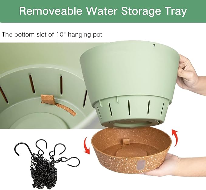 QCQHDU 2 Pack 10 inch Hanging Planters for Indoor Plants, Outdoor Hanging Baskets, Self Watering Pots with Drainage Holes & Removable Tray (Green, 10 inch)