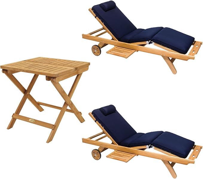 3-Piece Teak Patio Conversation Set with Sun Bed Loungers & 20-Inch Square Folding Picnic Table (P143NA), Navy Sun Bed Cushions