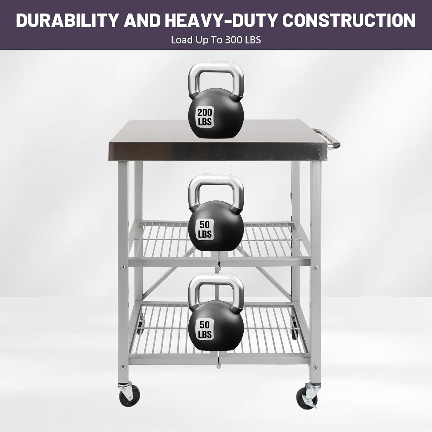 3-Tier Folding Outdoor Grill Cart, 300lbs Load Capaciy Foldable Utility Storage Rolling Kitchen Table with Lockable Wheels, 25.75" D x 20" W x 36" H, Steel Service Trolley for Food Prepping