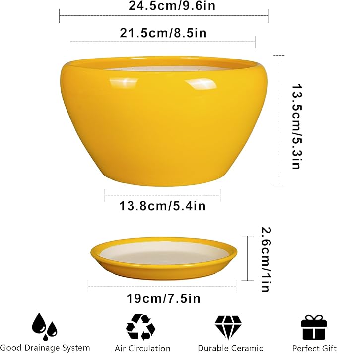 Ceramic Planter 9 Inch - Mid-Century Round Modern Plant Pot Indoor with Drainage Hole and Saucer for Outdoor Plants, Balcony House Garden Patio Home Decor, Yellow