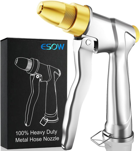ESOW Heavy Duty Metal Garden Hose Nozzle, High Pressure Water Hose Nozzle with 4 Spray Patterns Rotating, Ideal for Outdoor Lawn & Garden Watering, Car & Pet Washing, Silver