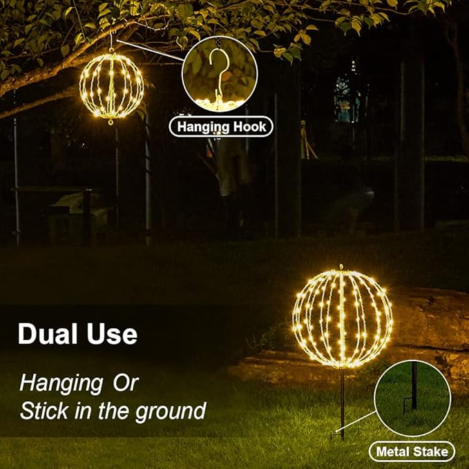 Christmas Ball Light Sphere, 10IN 48LED Hanging Tree Light and Pathway Lights with Hook and Stake, Foldable Metal Frame Light Ball for Outdoor Garden, UL Listed, Brown Frame, Warm White