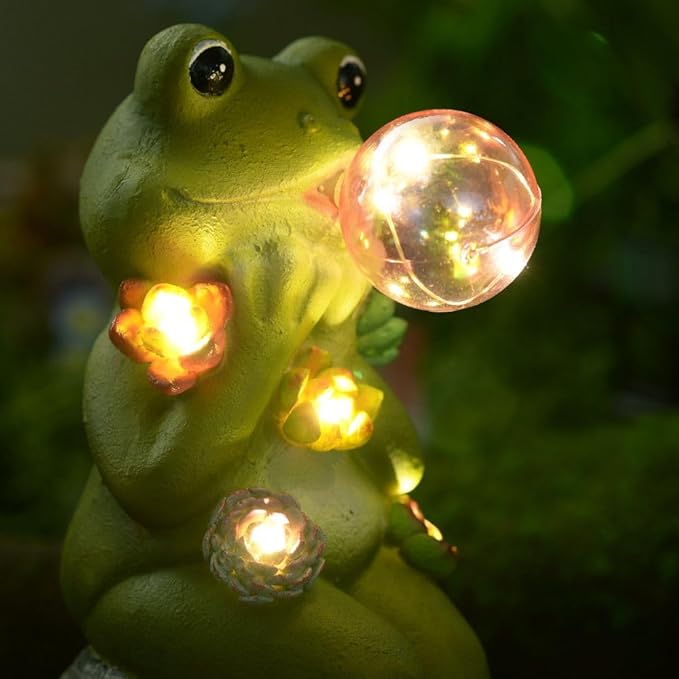 Solar Light Sitting Frog Decoration 5 Warm LEDs Light Sensor for Auto Switch On/Off Outdoor Figurine Lights Colorful IP44 Bubble Ball for Outdoor Décor Housewarming Gift Halloween(RJ-24010A)