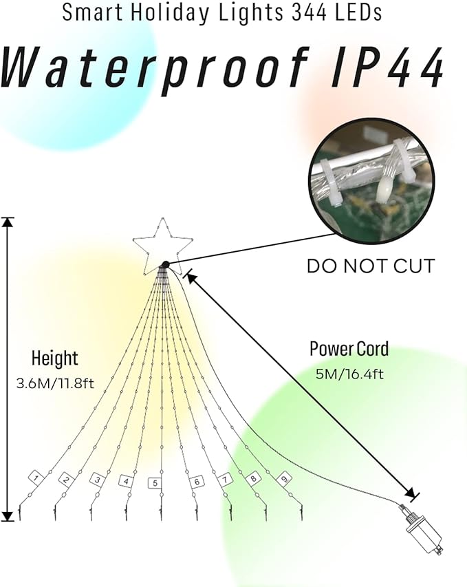 Outdoor Christmas Decorations Lights with Star, Smart DIY Custom Display 11.8Ft 64 Modes Yard Waterfall Tree String Lights, App Control 344LED RGB Color Changing Music Timer for Xmas Tree Lawn Decor