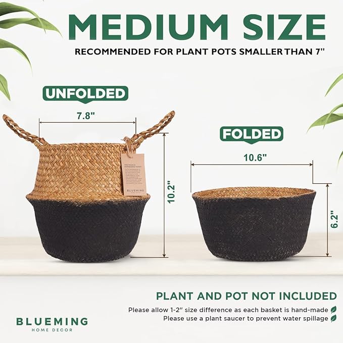 Plant Basket – Small Seagrass Planter Pot for Olive Trees, Woven Wicker Planter 8-9 Inches for Indoor Tall Artificial Plants (Black Bottom, Medium)