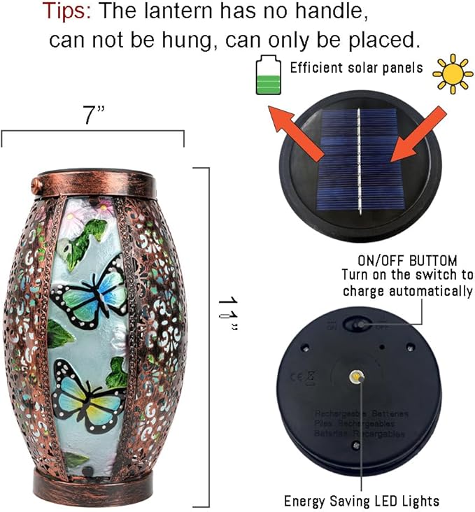 Butterfly Solar Lanterns Glass & Metal Hanging Light Outdoor Waterproof Tabletop Lamp with Hollowed-Out Design for Garden Patio Table Decor