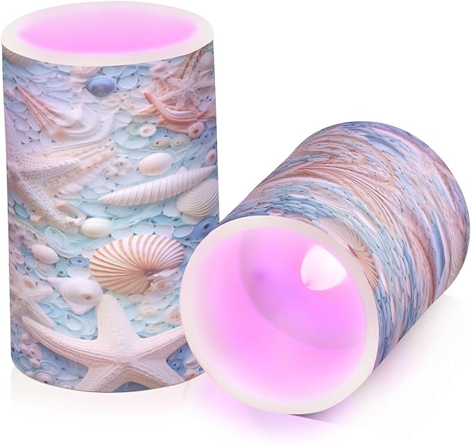 Flickering Flameless Candles, Starfish Seashell LED Candles with Remote Timer, Set of 2 Battery Operated Candle for Valentine Wedding Birthday