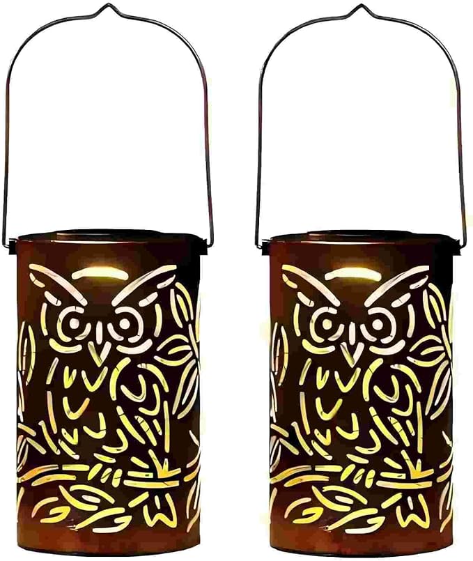 Outdoor Solar Lanterns ,Owls Projection Patterned Outdoor Lanterns with Handles LED Solar Light Outdoor Waterproof Garden Lights for Garden，Yard, Table, Pathway(2 /Bronze)
