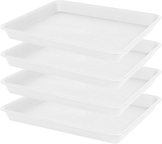 4 Pack Plant Saucer Tray Rectangular, Plant Saucers for Indoors, Heavy Sturdy Plastic Plant Drainage Trays, Plant Drip Trays for Pots, Seed Starter Growing Tray (11 x 9, Creamy White)