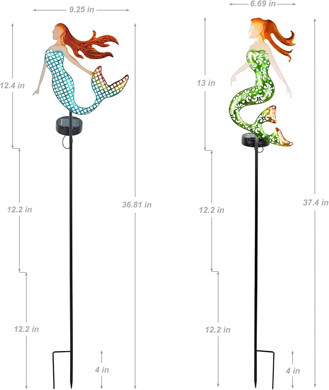 ARTER Solar Garden Stake Lights, Metal Mermaids Ocean Nautical Outdoor Waterproof Solar Pathway Lights with 3.6 Feet 22 LED Fairy Lights for Yard Patio Lawn Poolside, 37 Inches Tall (Pack of 2)