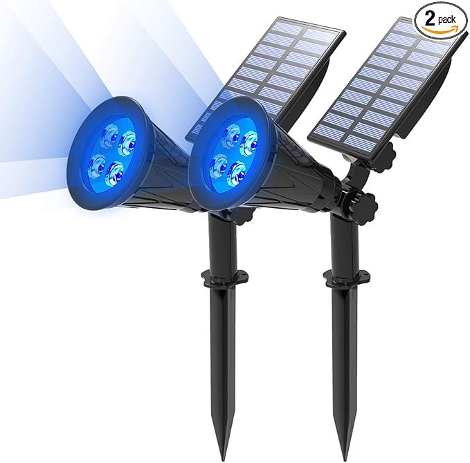 T-SUN Blue Solar Spotlights, Solar Lights Outdoor Waterproof, Auto ON/Off Adjustable Solar Garden Pond Lights for Tree, Patio, Yard, Garden, Driveway, Stairs, Pool Area (Blue- 2 Pack)