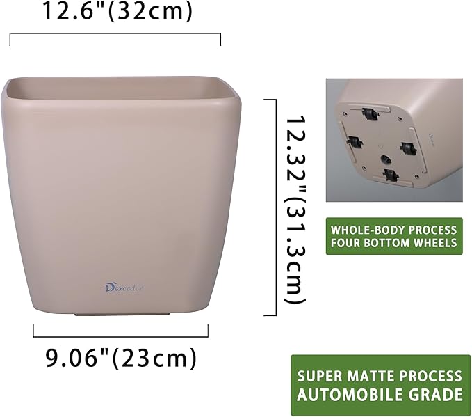 Dexceder 13x12 Self Watering Planter with Wheels Indoor Outdoor, Inner Mat Design, Thickened Large Floor Standing Flower Plant Pot with Water Level Indicator (Taupe Matte)