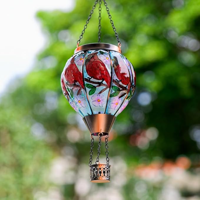 DREAMSOUL Cardinal Hot Air Balloon Solar Lantern, Hanging Solar Lanterns Outdoor with Flickering Flame Light, Glass Outdoor Lantern Waterproof for Patio Yard Party Gift Decor Christmas Gifts