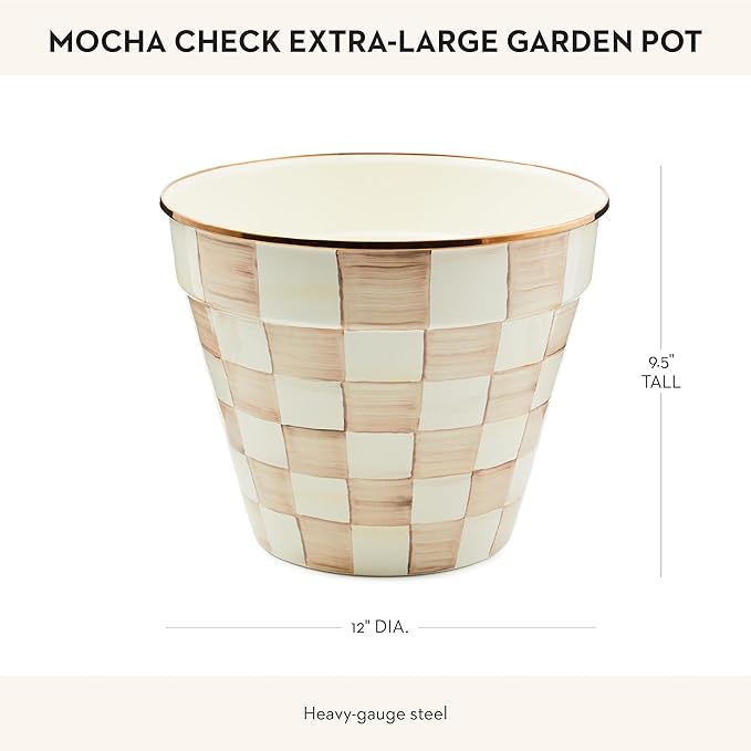 MACKENZIE-CHILDS Enamel Garden Pot, Decorative Pot for Plants, Outdoor Flowerpot Decor, Extra Large, Brown-and-White Mocha Check