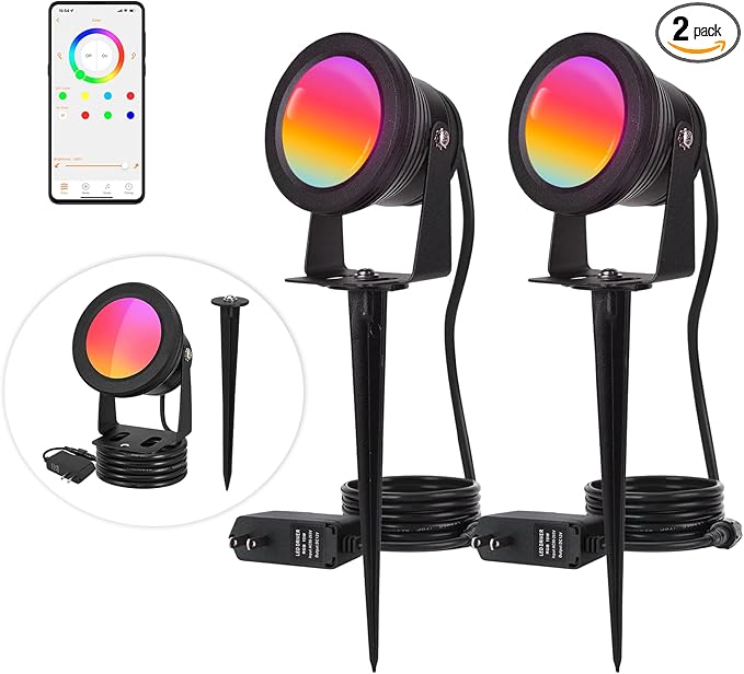Spotlight Outdoor Control with Smart APP, 2 Pack 15W RGBW Landscape Lighting, Dimmable Color Changing IP67 Waterproof Spot Light Warm Flood Light for House Pathway Garden Yard Tree