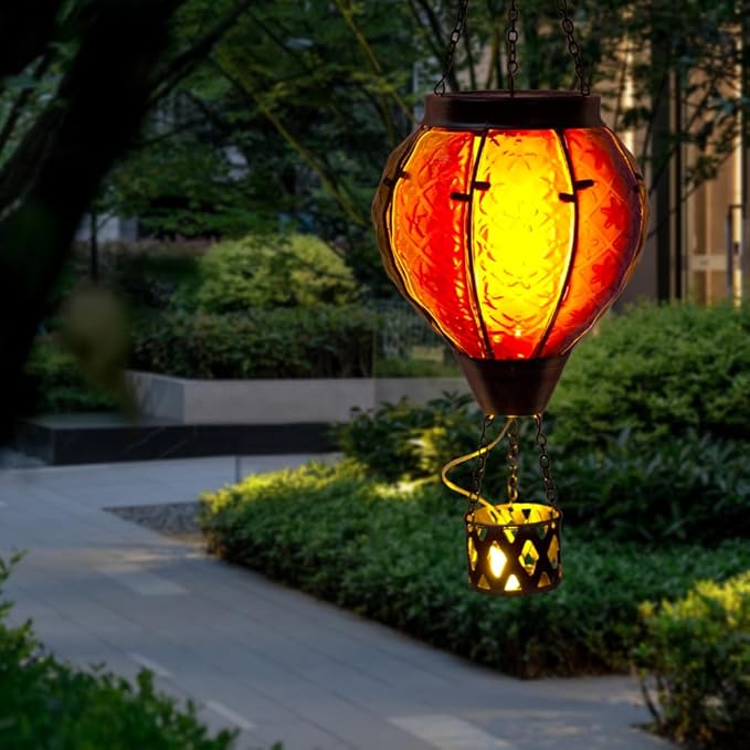 2PCS Hot Air Balloon Solar Lantern with Flame Flickering Light LED Glass Hanging Solar Lanterns Outdoor Waterproof Hot Air Balloon Decoration Outdoor Light for Patio Tree Yard Garden Decor