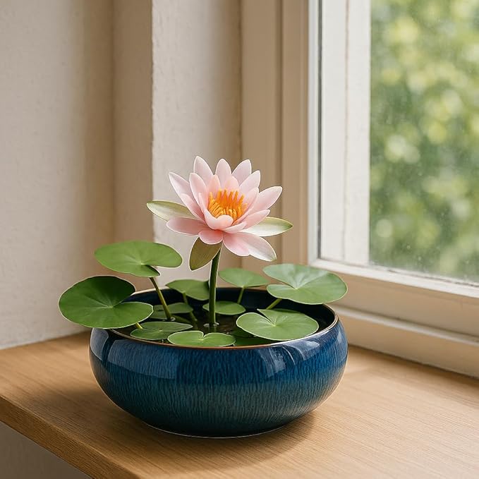 Lotus Bowl Planter, Lotus Bowls for Planting in Water Indoors,6.5-inch Round Succulent Flower Pot with Rotating Bracket, Leak-Proof Design, Suitable for hydroponic Plants, Succulents (Blue)