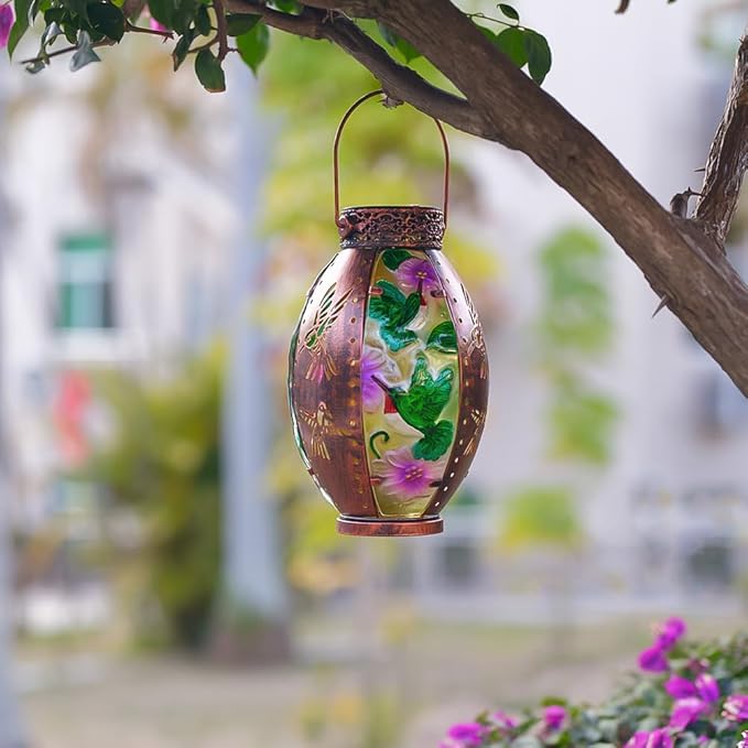 Starsoul Hummingbird Solar Lantern Stained Glass & Metal Outdoor Lantern Waterproof Hummingbird Hanging Metal Decorative Lights for Patio Table Garden Pathway Yard
